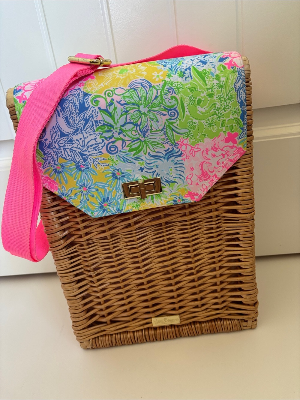 Lilly Pulitzer Cheek To Cheek Wicker Wine Carrier Beach Picnic Blue Pink Floral‎